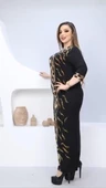 V Yaka Leopar Crystal Taşlı Elbise - SİYAH - 3