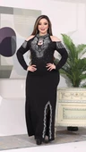 Yırtmaçlı Crystal Taşlı Uzun Kol Elbise - SİYAH GÜMÜŞ - 5