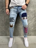 Premium Paris Patched Slim Fit Erkek Kot Pantolon Mavi - 1