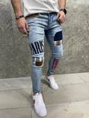 Premium Paris Patched Slim Fit Erkek Kot Pantolon Mavi - 2