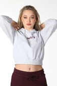 Kadın Baskılı Kapüşonlu Crop Sweat Siyah - 11