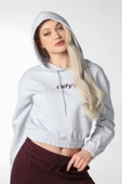 Kadın Baskılı Kapüşonlu Crop Sweat Siyah - 10