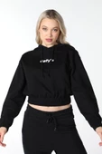 Kadın Baskılı Kapüşonlu Crop Sweat Siyah - 4