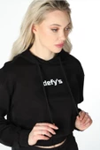 Kadın Baskılı Kapüşonlu Crop Sweat Siyah - 3