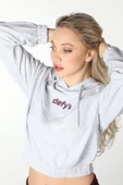 Kadın Baskılı Kapüşonlu Crop Sweat Siyah - 7