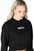 Kadın Baskılı Kapüşonlu Crop Sweat Siyah - 6
