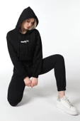 Kadın Baskılı Kapüşonlu Crop Sweat Siyah - 1