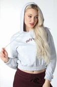 Kadın Baskılı Kapüşonlu Crop Sweat Siyah - 8