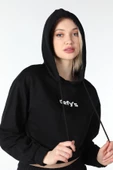 Kadın Baskılı Kapüşonlu Crop Sweat Siyah - 5