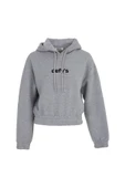 Kadın Baskılı Kapüşonlu Crop Sweat Gri - 2