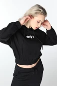 Kadın Baskılı Kapüşonlu Crop Sweat Siyah - 2