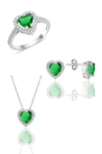 Gümüş rodyumlu yeşil taşlı pırlanta montürlü kalp modeli üçlü set SGTL12080YESIL thumbnail 1