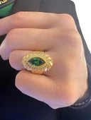Zümrüt Taşlı Burma Desenli Maraş İşçilik Mekik 8 Ayar Altın Yüzük thumbnail 2