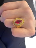 Yakut Taşlı Telkari Maraş Usulü Mekik 8 Ayar Altın Yüzük - 2