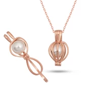 925 Ayar Gümüş Rose Beyaz İncili Kadın Kolye - 1