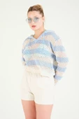 Kadın Kapüşonlu File Bluz Mavi - 5