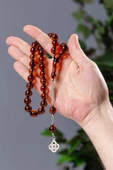 İri Taneli Kızıl Renk Çay Fosilli Toz Kehribar Tesbih - 3