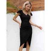 Lucky Life Kadın Kısa Kollu Kalp Yaka Yanlardan Lucky Life Kadın Büzgü Detay Midi Ithal Krep Elbise thumbnail 1