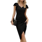 Lucky Life Kadın Kısa Kollu Kalp Yaka Yanlardan Lucky Life Kadın Büzgü Detay Midi Ithal Krep Elbise thumbnail 5