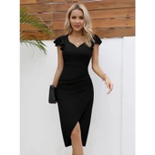 Lucky Life Kadın Kısa Kollu Kalp Yaka Yanlardan Lucky Life Kadın Büzgü Detay Midi Ithal Krep Elbise thumbnail 2