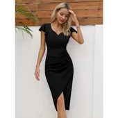 Lucky Life Kadın Kısa Kollu Kalp Yaka Yanlardan Lucky Life Kadın Büzgü Detay Midi Ithal Krep Elbise thumbnail 4