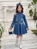 Uğurböceğiçocuk Omuz Taşlı Püsküllü Kız Çocuk 5 Parça Kot Elbise - 10