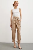 Bel Pileli Kargo Cep Pantolon Bej thumbnail 2