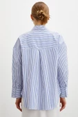 Çizgili Poplin Gömlek Mavi thumbnail 6