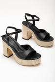 Hasır Kaplama Taban Baretli Cilt Siyah Kadın Platform Topuk Ayakkabı thumbnail 1