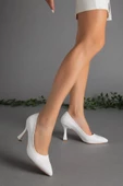 Cilt İnce Topuk Beyaz Büyük Numara Kadın Ayakkabısı Topuklu Stiletto - 1