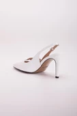 İki Tokalı Arka Açık Beyaz Kadın İnce Topuklu Ayakkabı Stiletto thumbnail 5