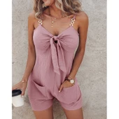 Lucky Life Kadın Kolsuz Askı Aksesuarlı önü Bağlama Detay Salopet şort Tulum - 2