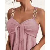 Lucky Life Kadın Kolsuz Askı Aksesuarlı önü Bağlama Detay Salopet şort Tulum - 6