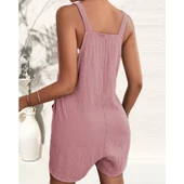 Lucky Life Kadın Kolsuz Askı Aksesuarlı önü Bağlama Detay Salopet şort Tulum - 7