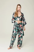 Saten Sabahlık Büstiyer Pantolon 3'lü Takım Ashley Darkgreenflower - 1