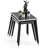 3'Lü Siyah Mermer Dikdörtgen Ahşap Zigon Gümüş Kenarlı Sehpa Lüx Ayaklı E6 - 3