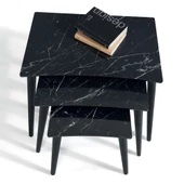 3'Lü Siyah Mermer Dikdörtgen Ahşap Zigon Sehpa E4 - 2