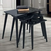 3'Lü Siyah Mermer Dikdörtgen Ahşap Zigon Sehpa E4 - 1