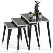 3'Lü Siyah Mermer Dikdörtgen Ahşap Zigon Gümüş Kenarlı Sehpa Lüx Ayaklı E6 - 1