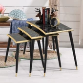 3'Lü Siyah Mermer Dikdörtgen Ahşap Zigon Altın Kenarlı Sehpa Lüx Ayaklı E7 - 2