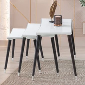 3'Lü Beyaz Dikdörtgen Ahşap Zigon Sehpa Siyah Lüx Ayaklı E13 - 2