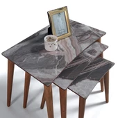 3'Lü Bej Mermer Dikdörtgen Ahşap Zigon Sehpa E5 - 1