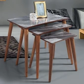 3'Lü Bej Mermer Dikdörtgen Ahşap Zigon Sehpa E5 - 2