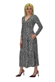 Kadın Viskon Zebra Desenli  V Yaka Elbise BGL-ST03535 - 6