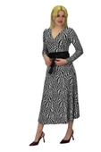 Kadın Viskon Zebra Desenli  V Yaka Elbise BGL-ST03535 - 12