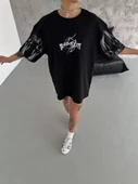 Unisex Bisiklet Yaka Baskılı Oversize T-Shirt - Siyah - 1