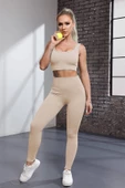Esnek Fitilli Spor Tayt ve Geniş Askılı Pedli Büstiyer Takımı - Kadın Yüksek Bel Kombin - 8
