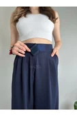 Kadın Lacivert Cırtlı Paçası Lastikli Yüksek Bel Balon Pantolon - 2