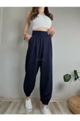 Kadın Lacivert Cırtlı Paçası Lastikli Yüksek Bel Balon Pantolon - 1