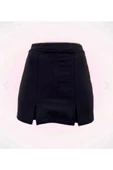 Siyah Keten Karışımlı Çift Yırtmaçlı Şort Etek - 6